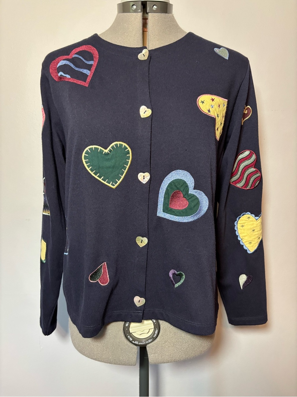 Christopher & Banks Navy Cardigan with Multicolor Heart Patches - small